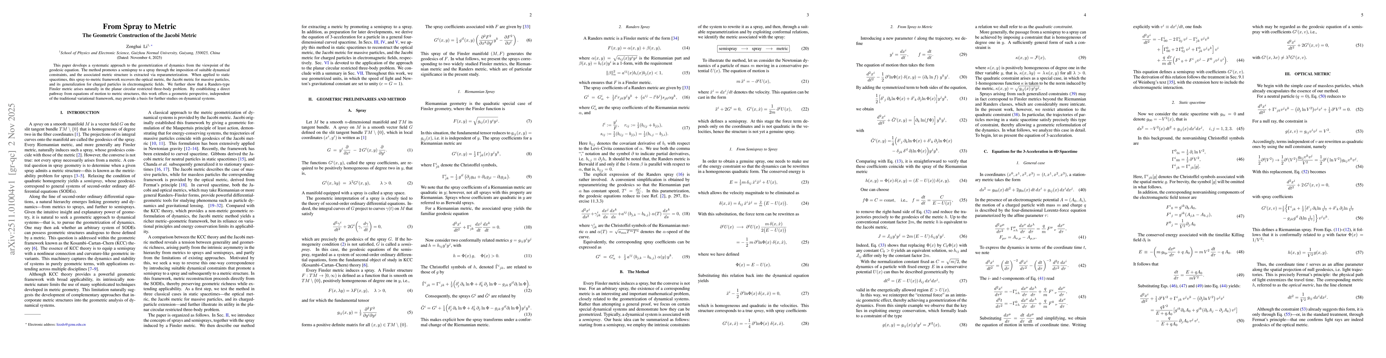 Thumbnail for From Spray to Metric: The Geometric Construction of the Jacobi Metric