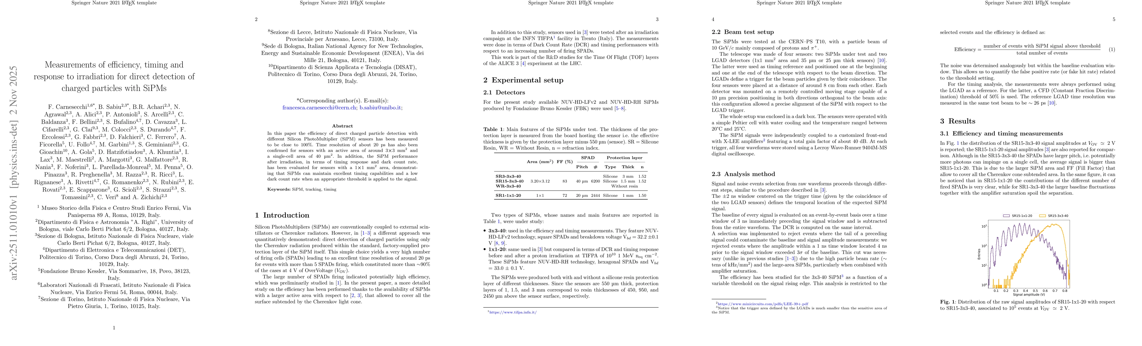 Thumbnail for Measurements of efficiency, timing and response to irradiation for direct detection of charged particles with SiPMs