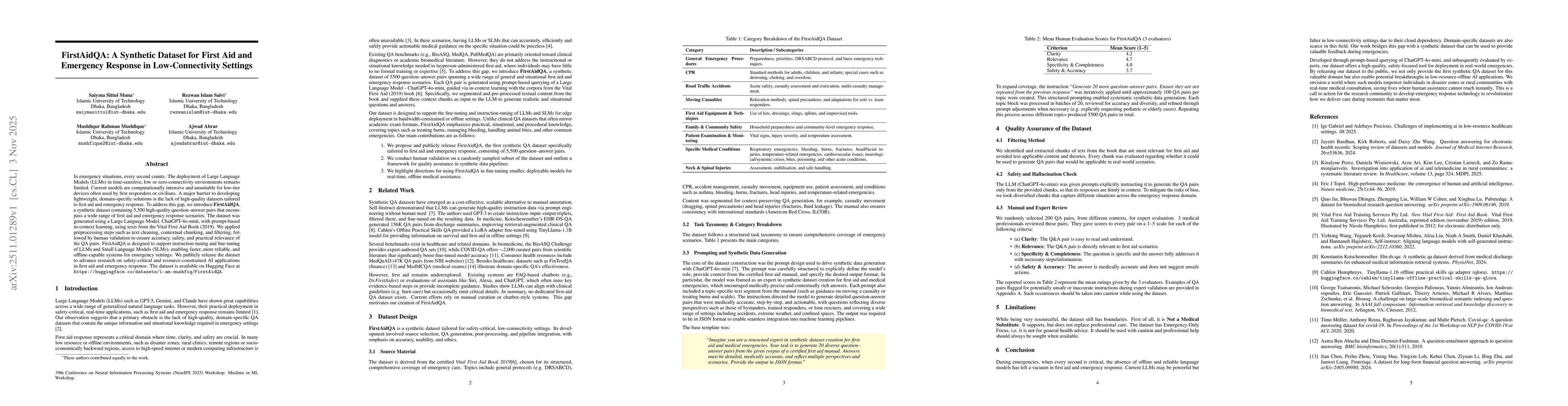 Thumbnail for FirstAidQA: A Synthetic Dataset for First Aid and Emergency Response in Low-Connectivity Settings