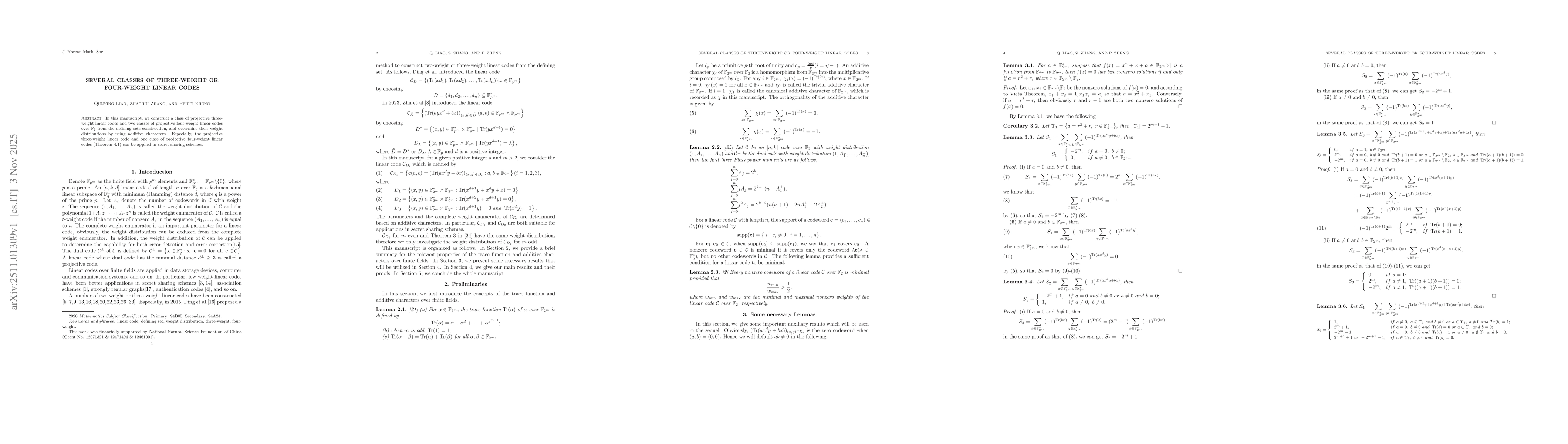 Thumbnail for Several classes of three-weight or four-weight linear codes
