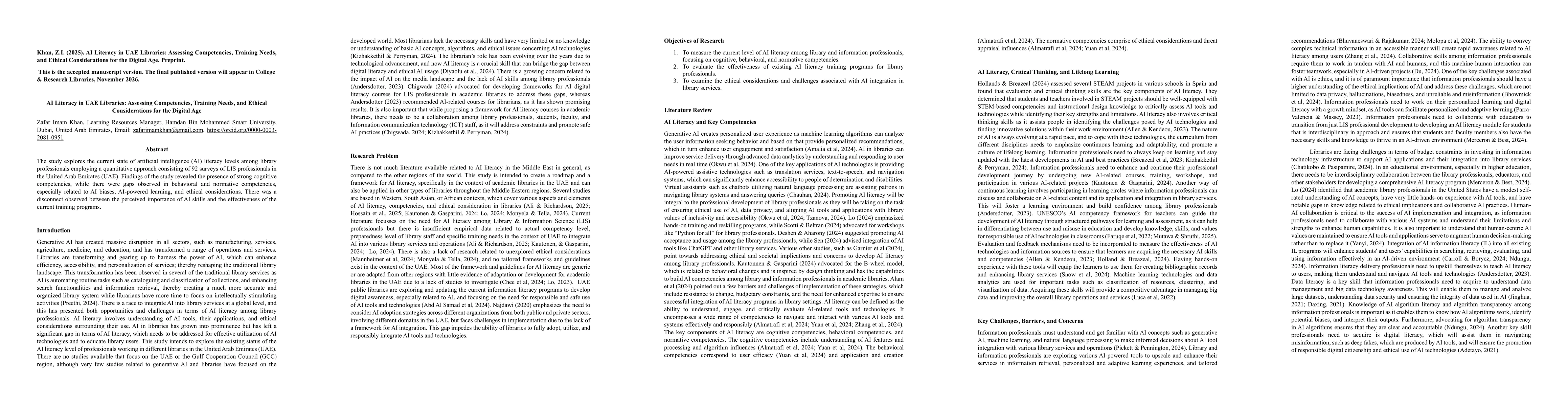 Thumbnail for AI Literacy in UAE Libraries: Assessing Competencies, Training Needs, and Ethical Considerations for the Digital Age