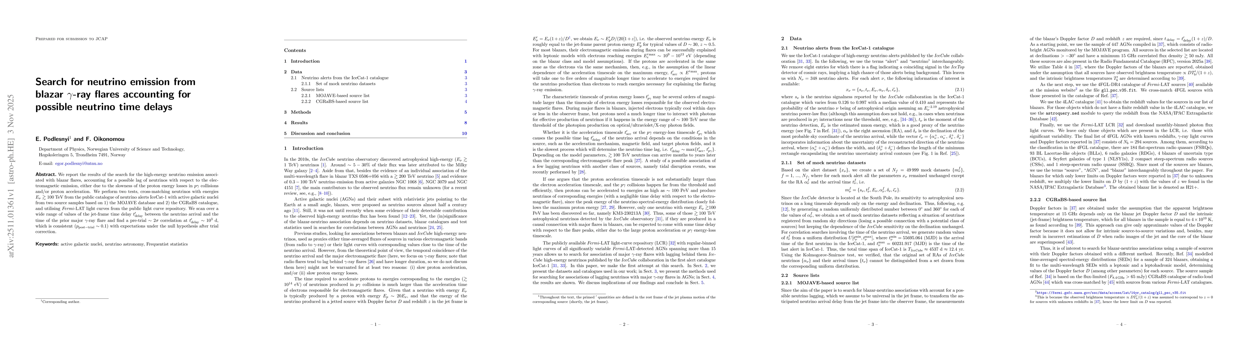 Thumbnail for Search for neutrino emission from blazar $γ$-ray flares accounting for possible neutrino time delays