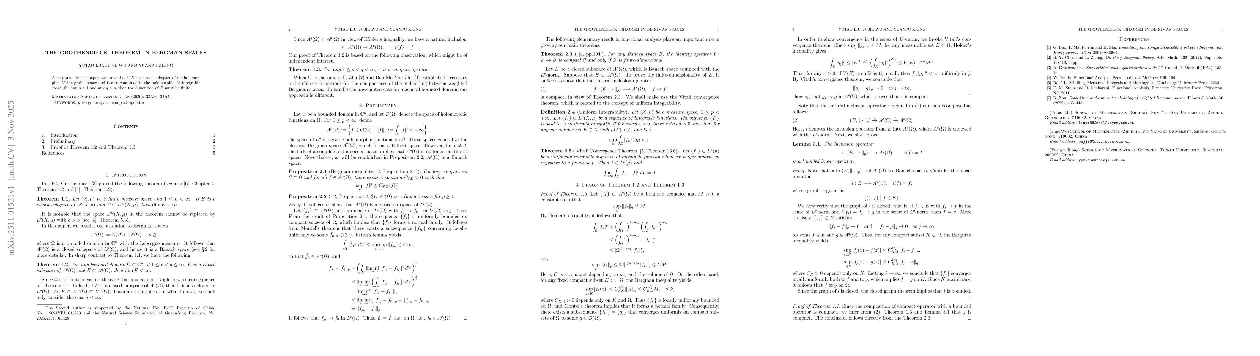 Thumbnail for The Grothendieck Theorem in Bergman Spaces