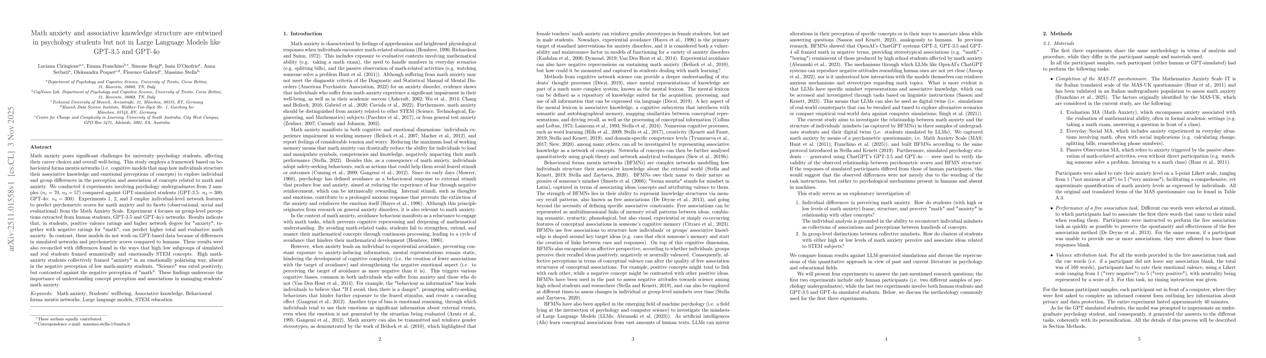 Thumbnail for Math anxiety and associative knowledge structure are entwined in psychology students but not in Large Language Models like GPT-3.5 and GPT-4o