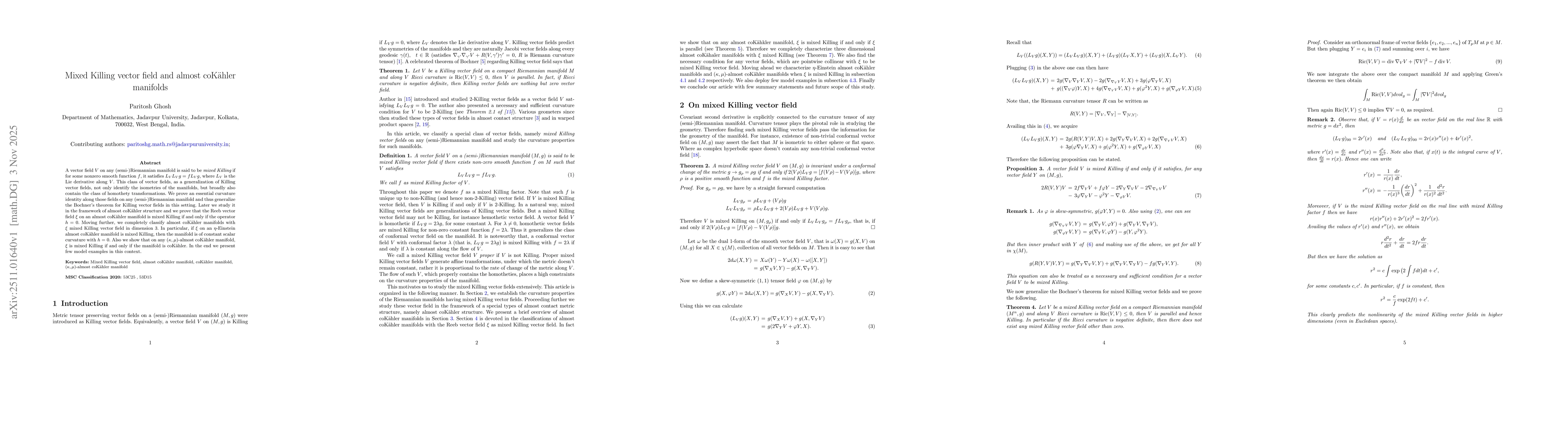 Thumbnail for Mixed Killing vector field and almost coKähler manifolds