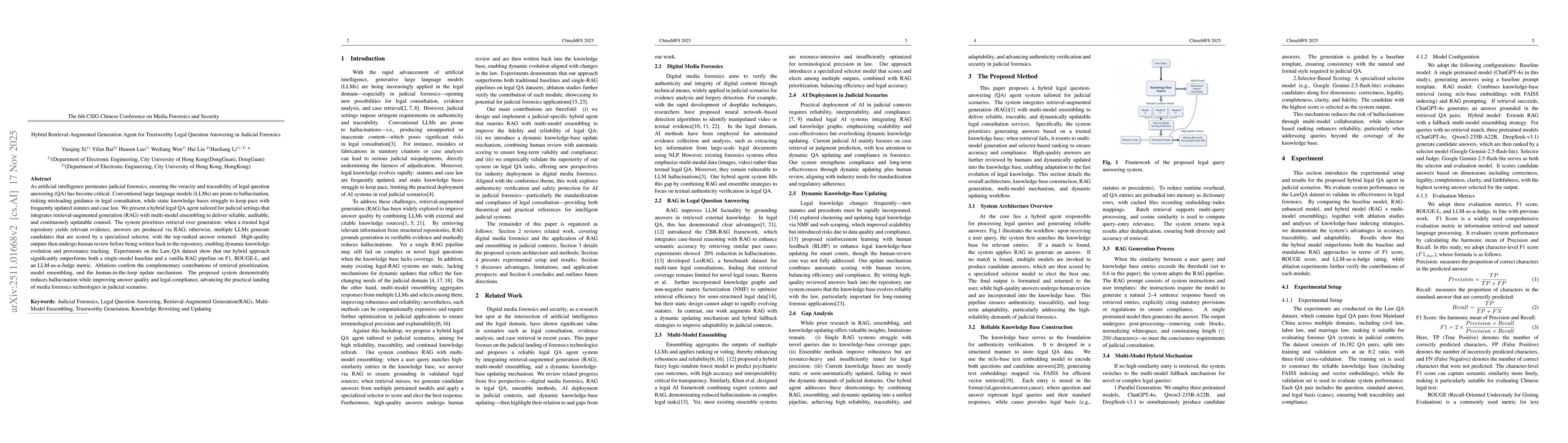 Thumbnail for Hybrid Retrieval-Augmented Generation Agent for Trustworthy Legal Question Answering in Judicial Forensics