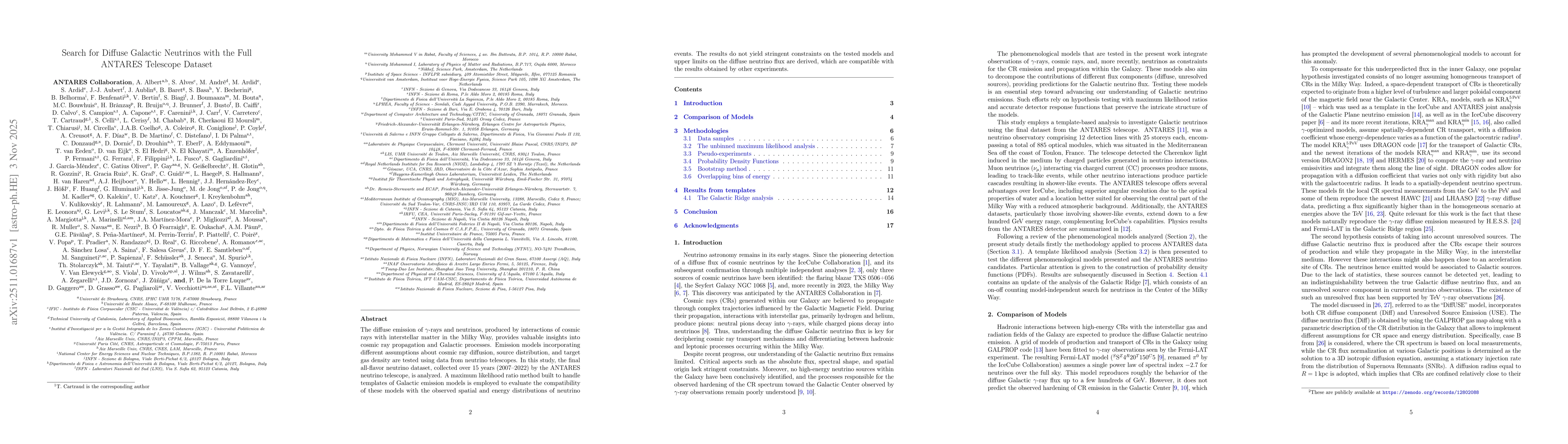 Thumbnail for Search for Diffuse Galactic Neutrinos with the Full ANTARES Telescope Dataset