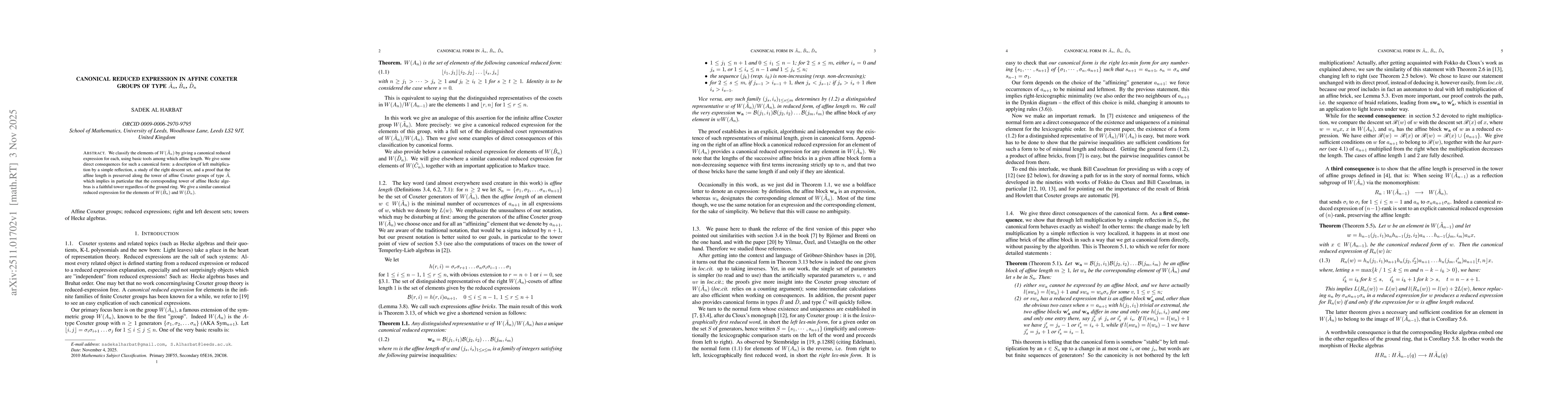 Thumbnail for Canonical reduced expression in affine Coxeter groups of type $\tilde{A}_n$, $\tilde{B}_n$, $\tilde{D}_n$