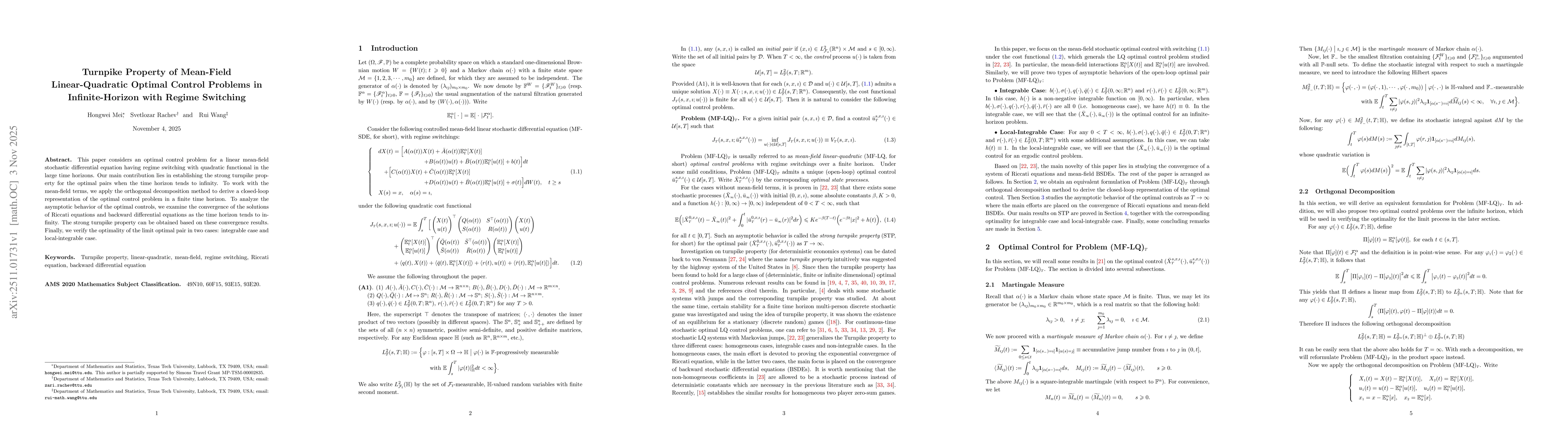 Thumbnail for Turnpike Property of Mean-Field Linear-Quadratic Optimal Control Problems in Infinite-Horizon with Regime Switching