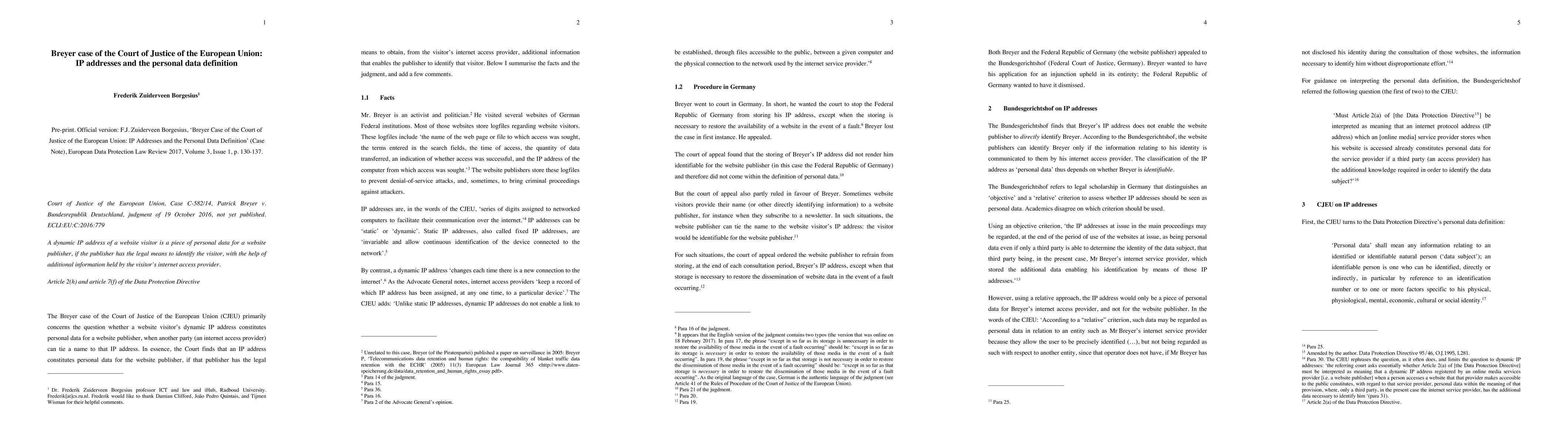 Thumbnail for Breyer case of the Court of Justice of the European Union: IP addresses and the personal data definition