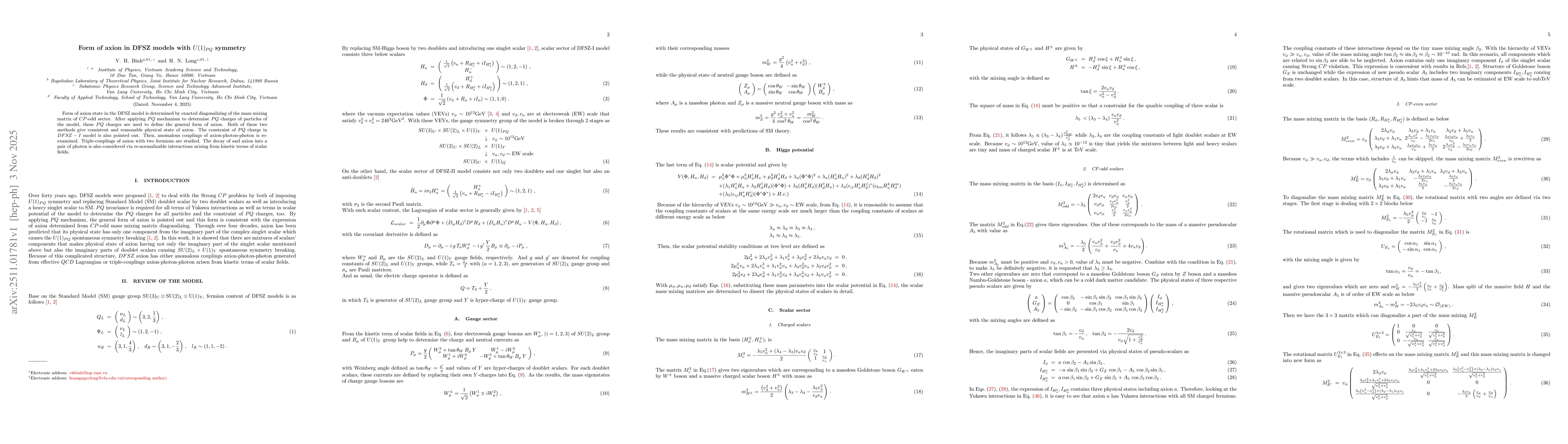 Thumbnail for Form of axion in DFSZ models with $U(1)_{PQ}$ symmetry
