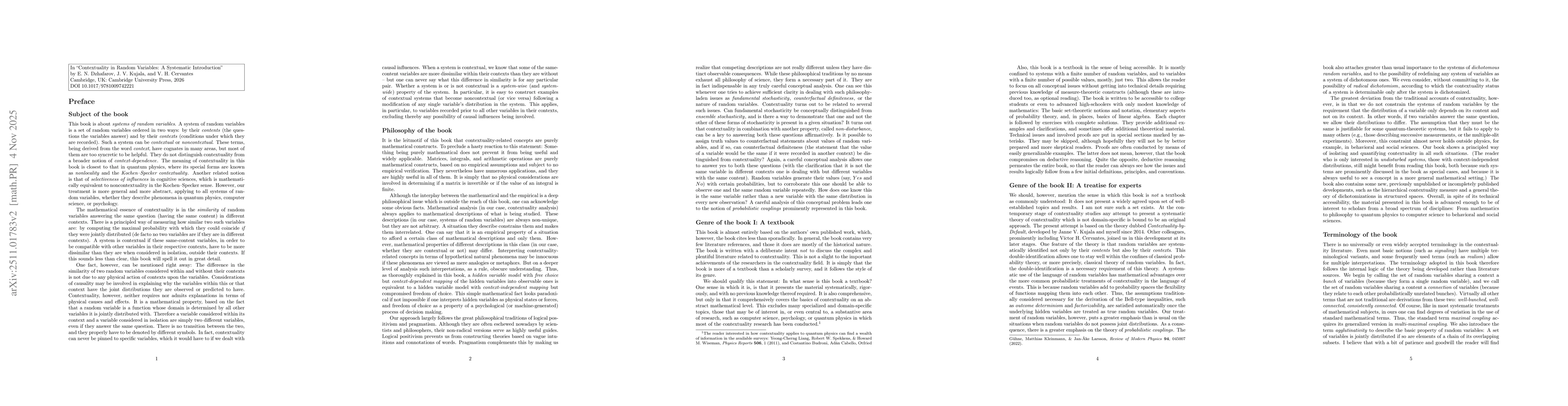 Thumbnail for Preface to Contextuality in Random Variables: A Systematic Introduction, by E. N. Dzhafarov, J. V. Kujala, and V. H. Cervantes