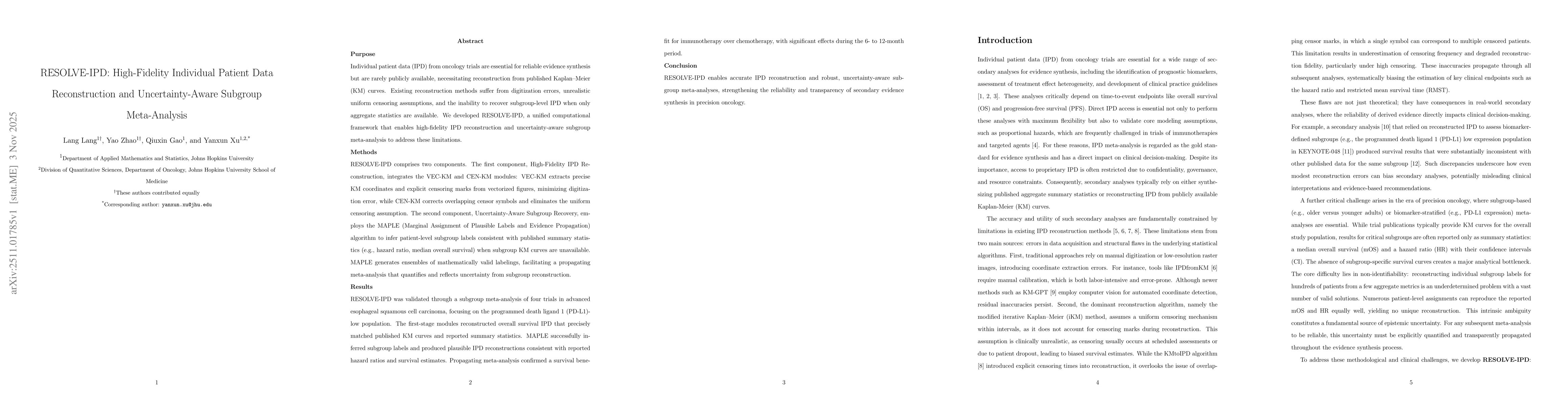 Thumbnail for RESOLVE-IPD: High-Fidelity Individual Patient Data Reconstruction and Uncertainty-Aware Subgroup Meta-Analysis