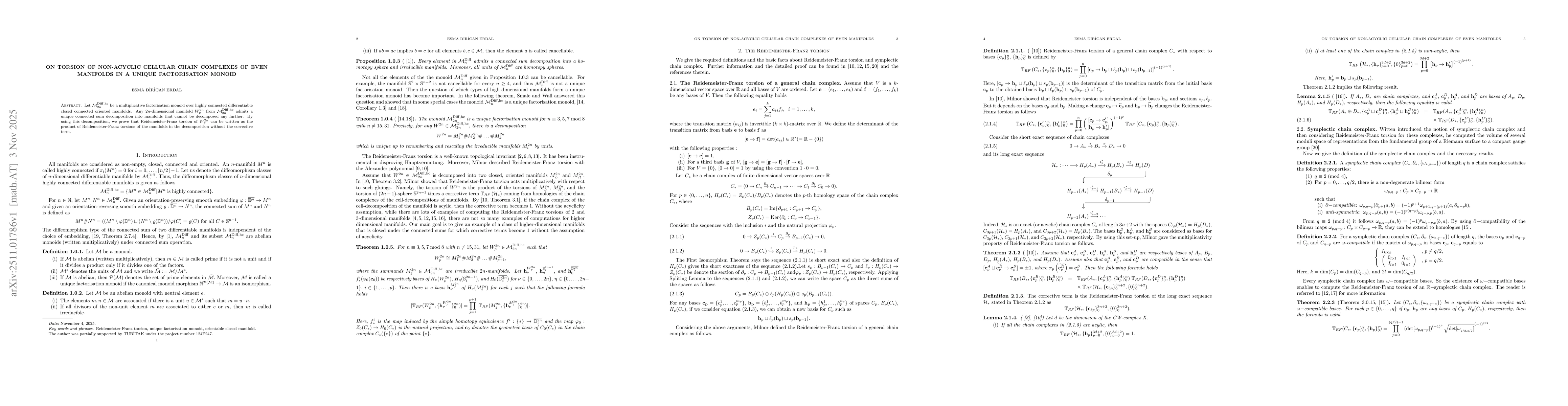 Thumbnail for On torsion of non-acyclic cellular chain complexes of even manifolds in a unique factorisation monoid