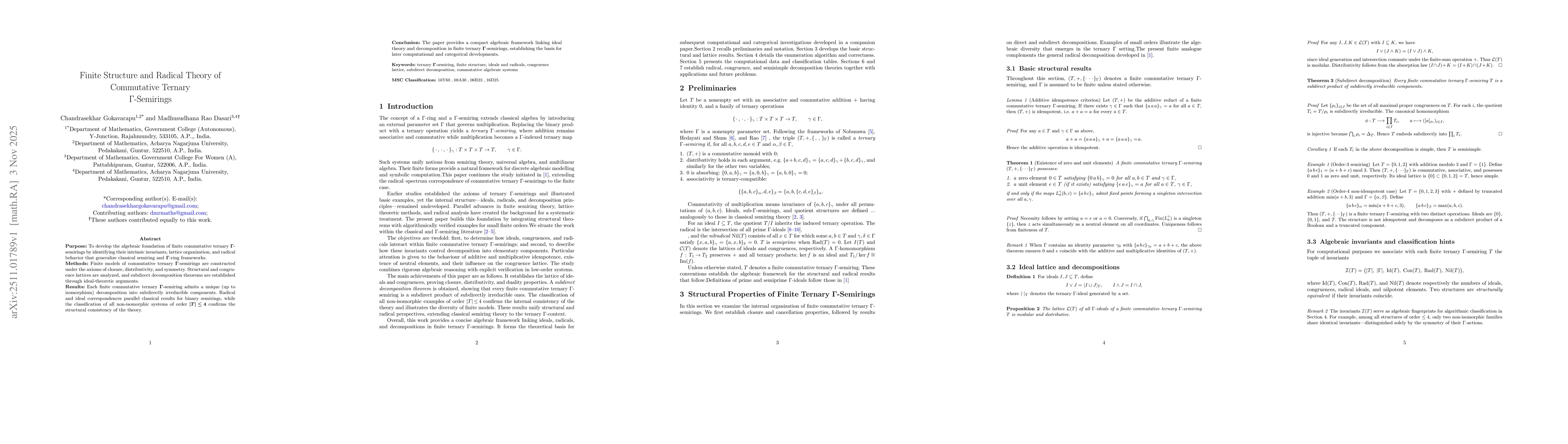 Thumbnail for Finite Structure and Radical Theory of Commutative Ternary $Γ$-Semirings