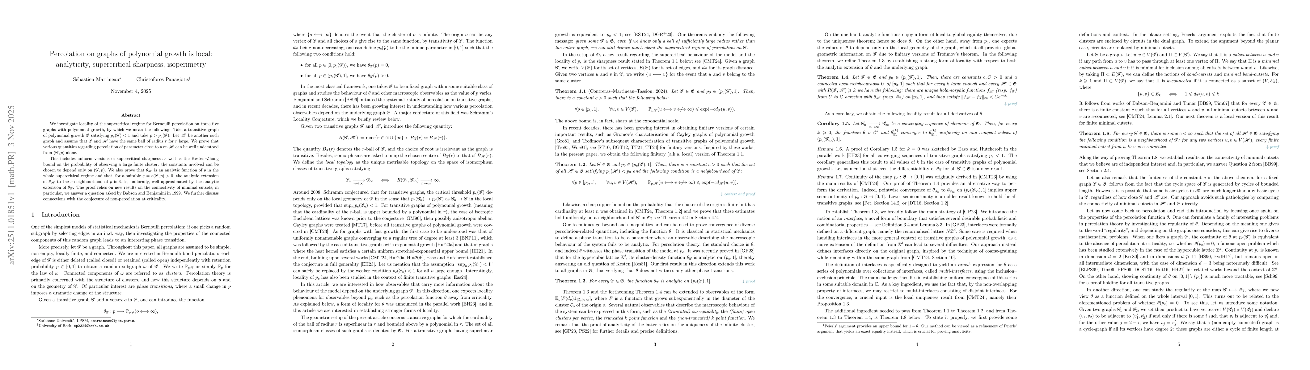 Thumbnail for Percolation on graphs of polynomial growth is local: analyticity, supercritical sharpness, isoperimetry