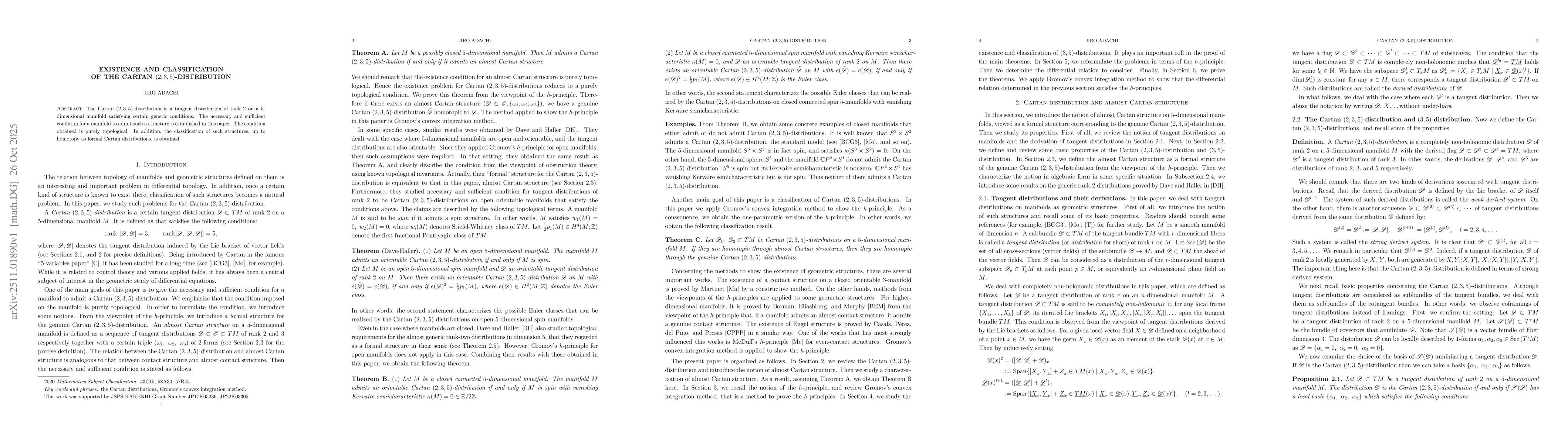 Thumbnail for Existence and classification of the Cartan $(2,3,5)$-distribution