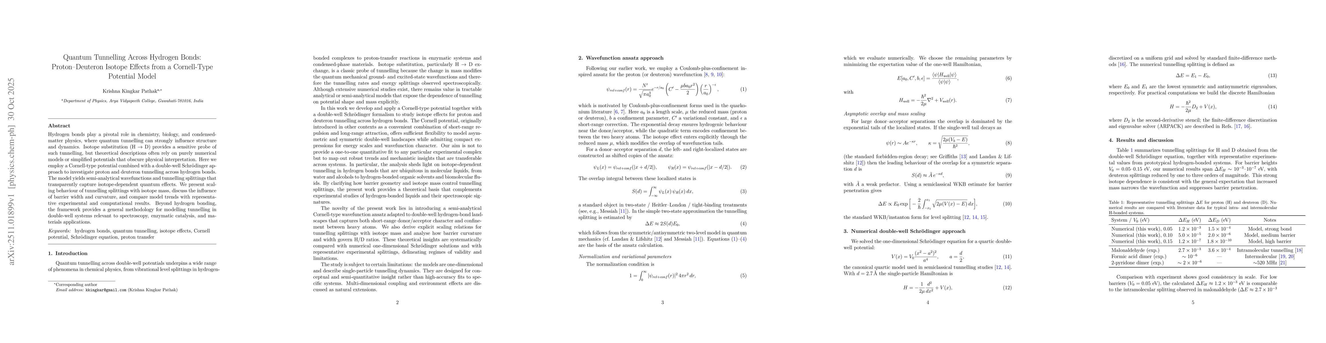 Thumbnail for Quantum Tunnelling Across Hydrogen Bonds: Proton--Deuteron Isotope Effects from a Cornell-Type Potential Model