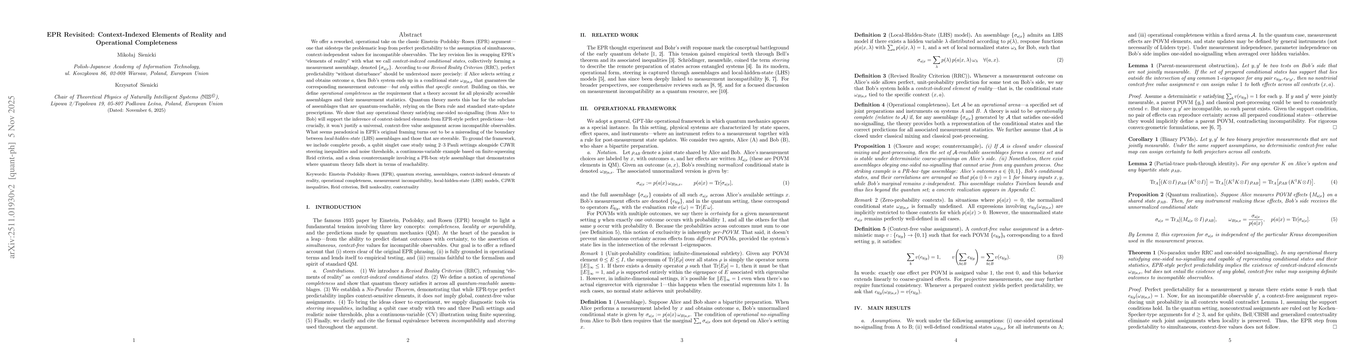 Thumbnail for EPR Revisited: Context-Indexed Elements of Reality and Operational Completeness