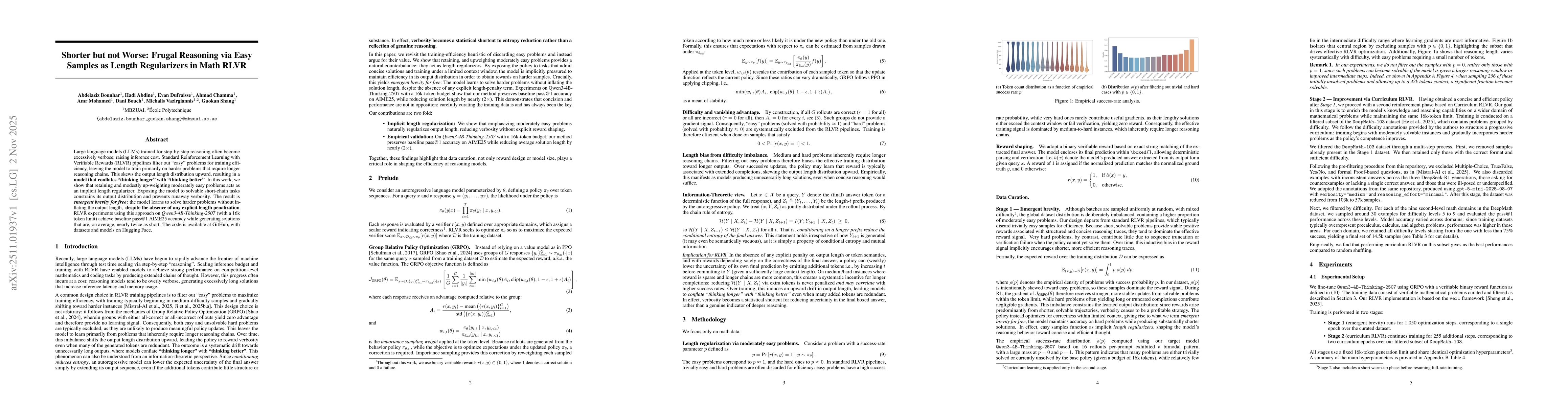 Thumbnail for Shorter but not Worse: Frugal Reasoning via Easy Samples as Length Regularizers in Math RLVR