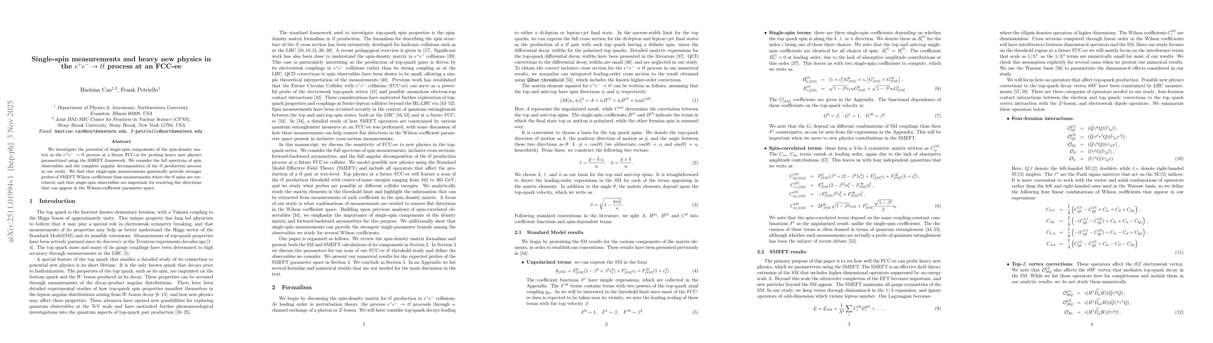 Thumbnail for Single-spin measurements and heavy new physics in the $e^+e^- \to t\bar{t}$ process at an FCC-ee