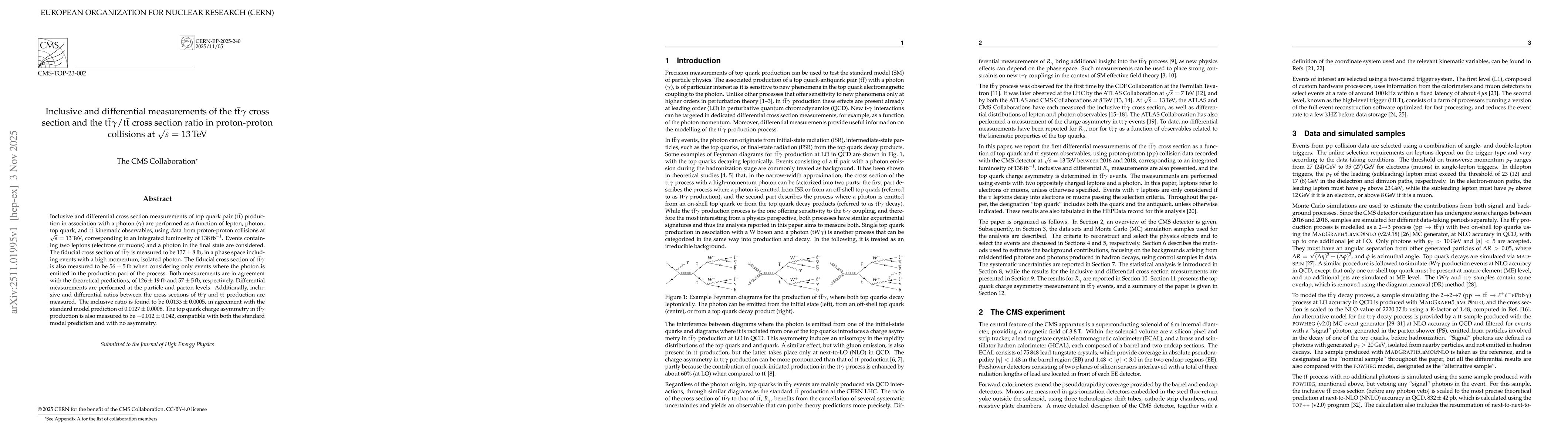 Thumbnail for Inclusive and differential measurements of the $\mathrm{t\bar{t}}γ$ cross section and the $\mathrm{t\bar{t}}γ/\mathrm{t\bar{t}}$ cross section ratio in proton-proton collisions at $\sqrt{s}$ = 13 TeV