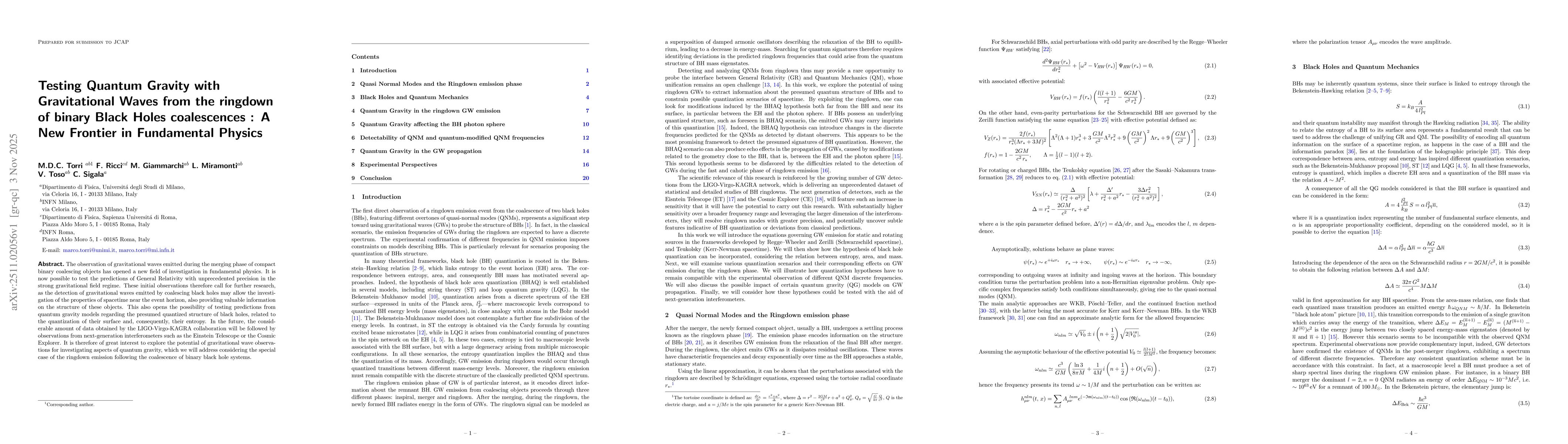 Thumbnail for Testing Quantum Gravity with Gravitational Waves from the ringdown of binary Black Holes coalescences: A New Frontier in Fundamental Physics