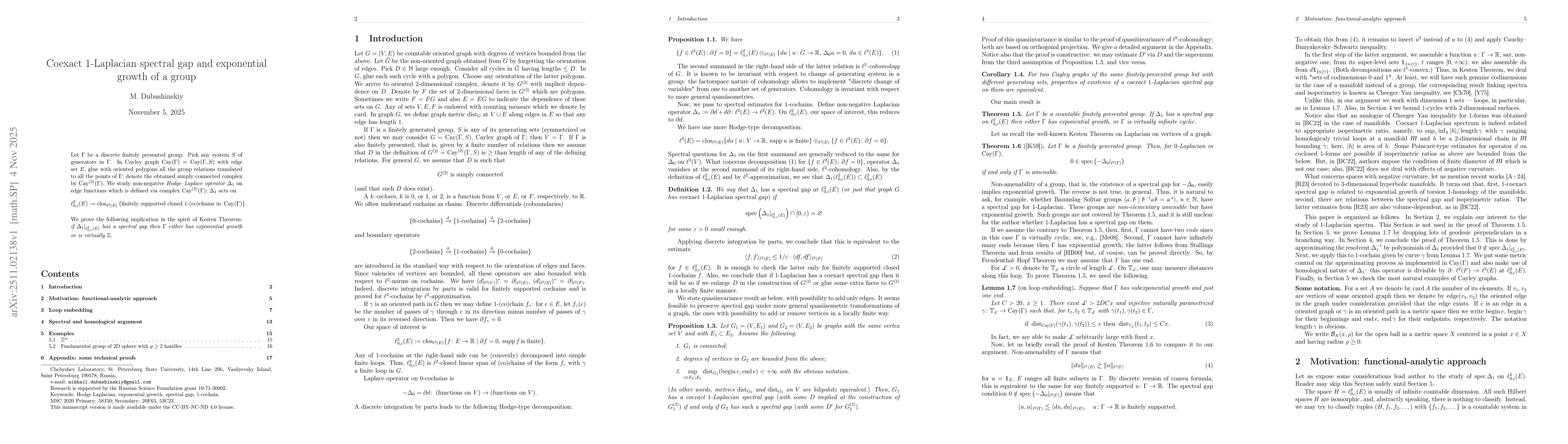 Thumbnail for Coexact 1-Laplacian spectral gap and exponential growth of a group