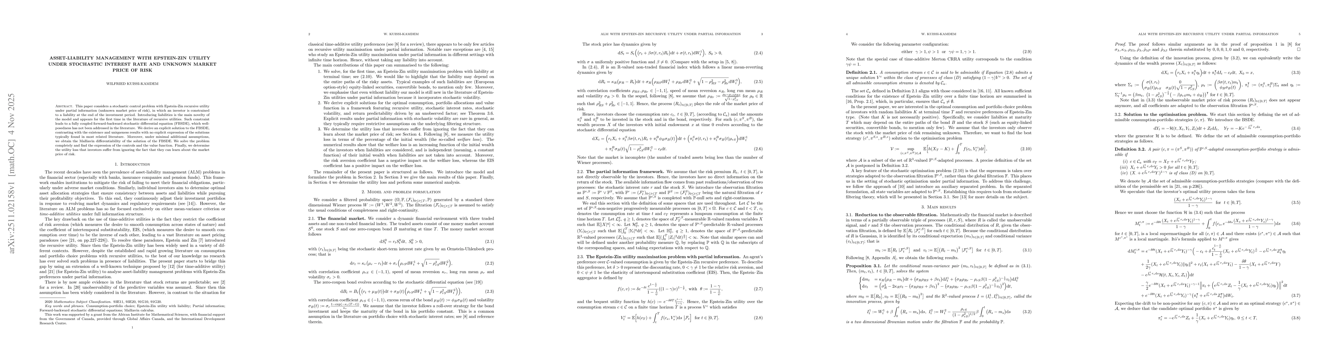 Thumbnail for Asset-liability management with Epstein-Zin utility$\quad$ under stochastic interest rate and unknown market price of risk