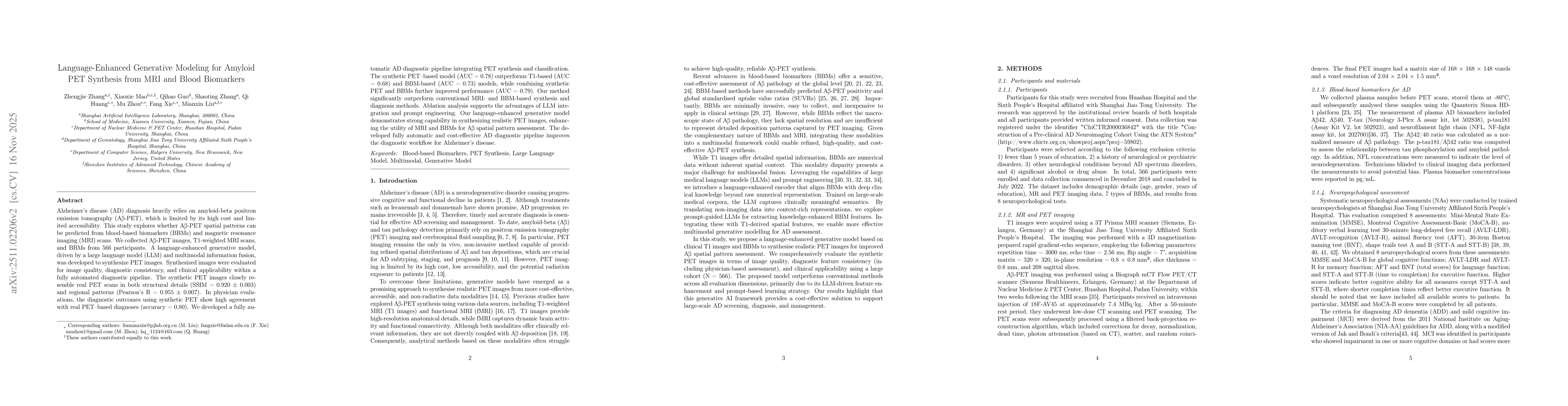 Thumbnail for Language-Enhanced Generative Modeling for Amyloid PET Synthesis from MRI and Blood Biomarkers