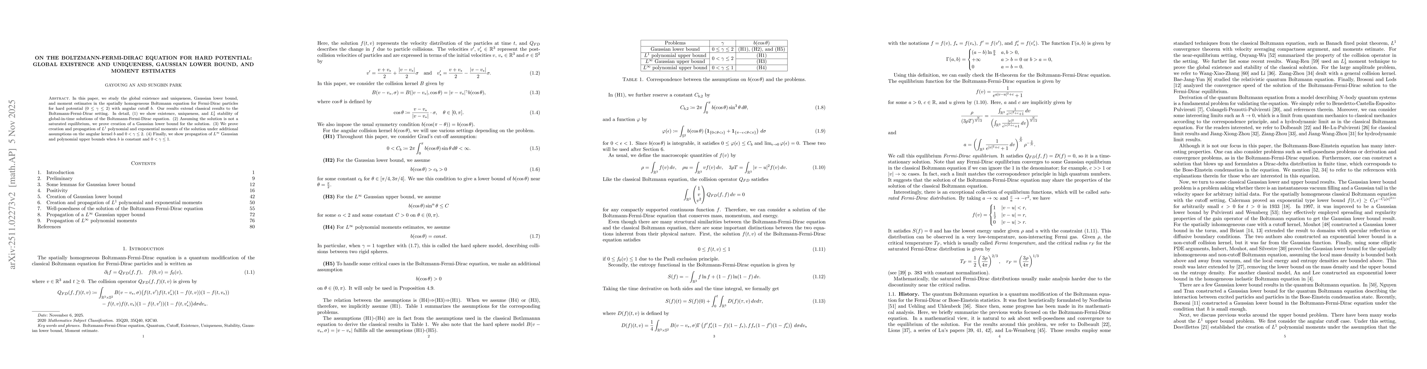 Thumbnail for On the Boltzmann-Fermi-Dirac Equation for Hard Potential: Global Existence and Uniqueness, Gaussian Lower Bound, and Moment Estimates