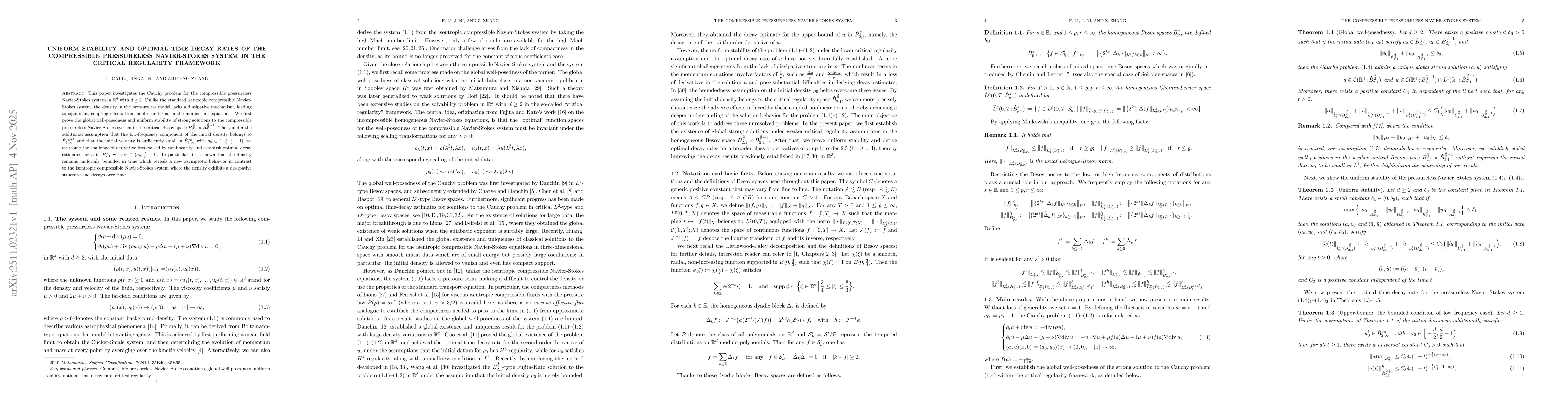 Thumbnail for Uniform stability and optimal time decay rates of the compressible pressureless Navier-Stokes system in the critical regularity framework