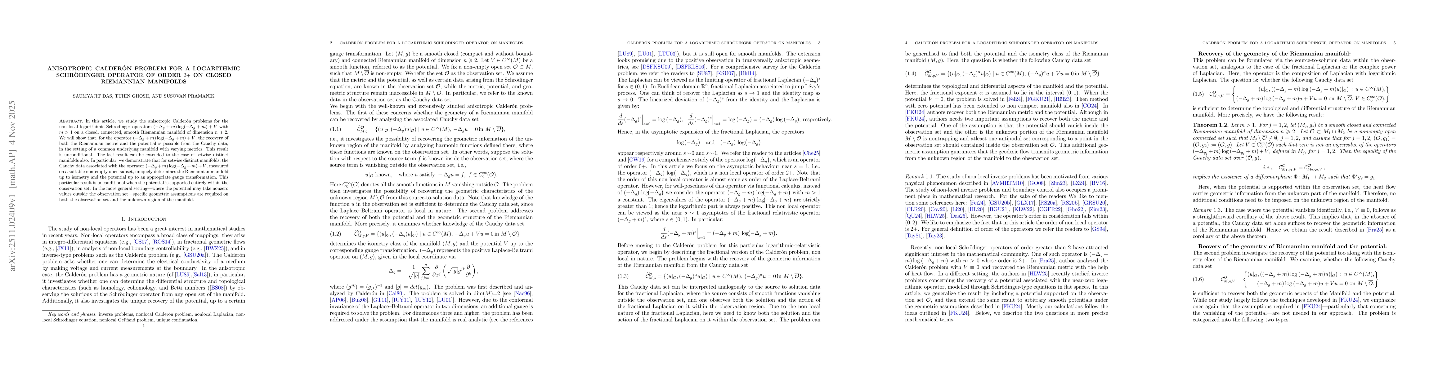 Thumbnail for Anisotropic Calderón problem for a logarithmic Schrödinger operator of order $2+$ on closed Riemannian manifolds