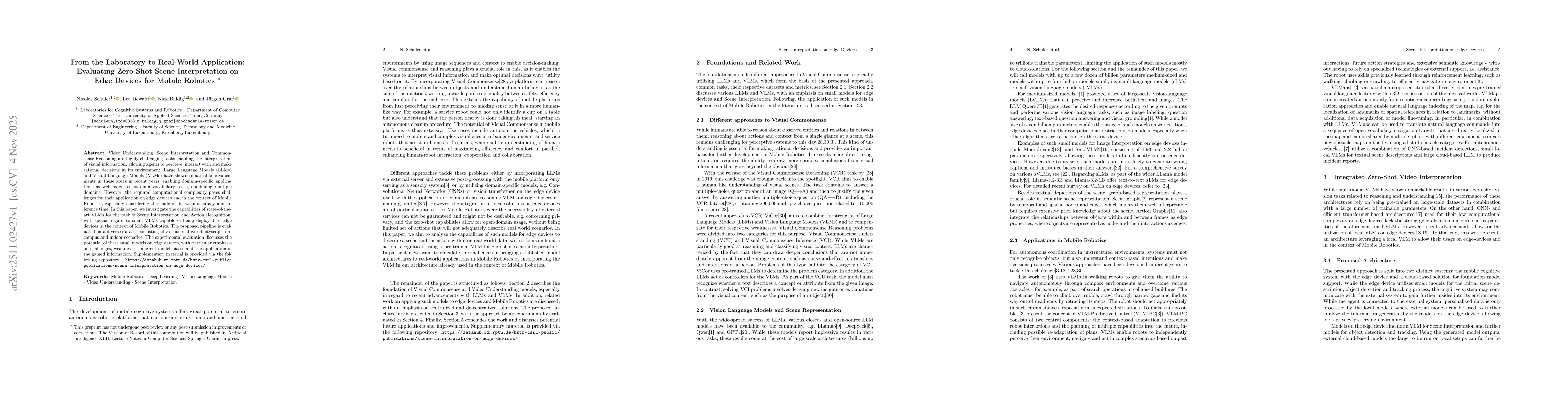 Thumbnail for From the Laboratory to Real-World Application: Evaluating Zero-Shot Scene Interpretation on Edge Devices for Mobile Robotics