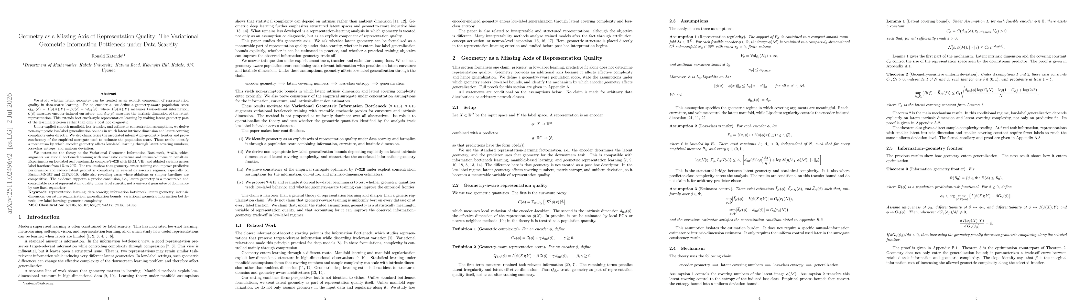 Thumbnail for Geometry as a Missing Axis of Representation Quality: The Variational Geometric Information Bottleneck under Data Scarcity