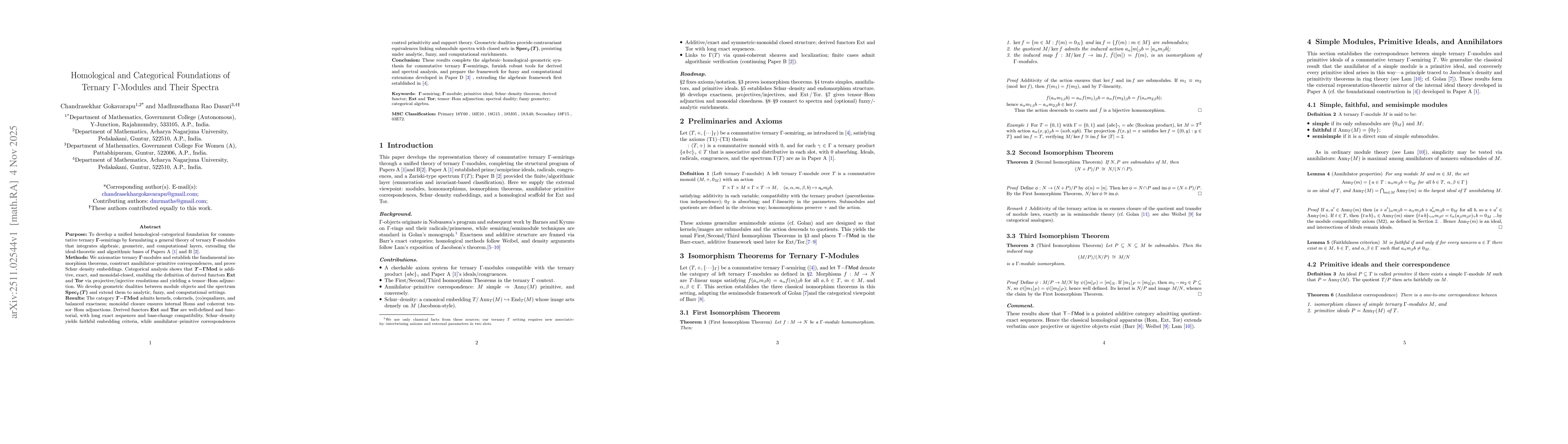 Thumbnail for Homological and Categorical Foundations of Ternary $Γ$-Modules and Their Spectra