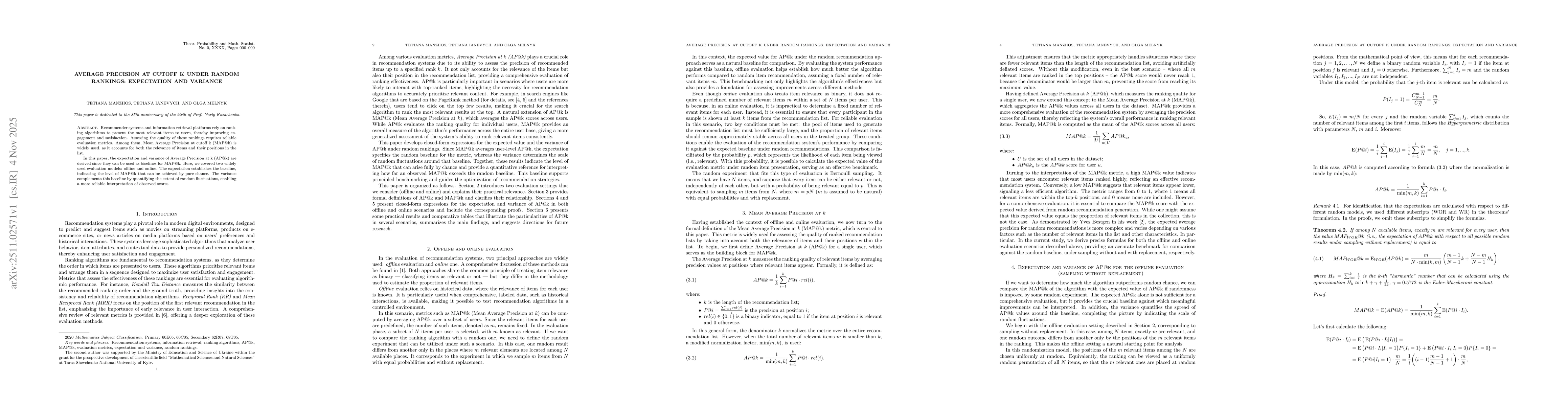 Thumbnail for Average Precision at Cutoff k under Random Rankings: Expectation and Variance