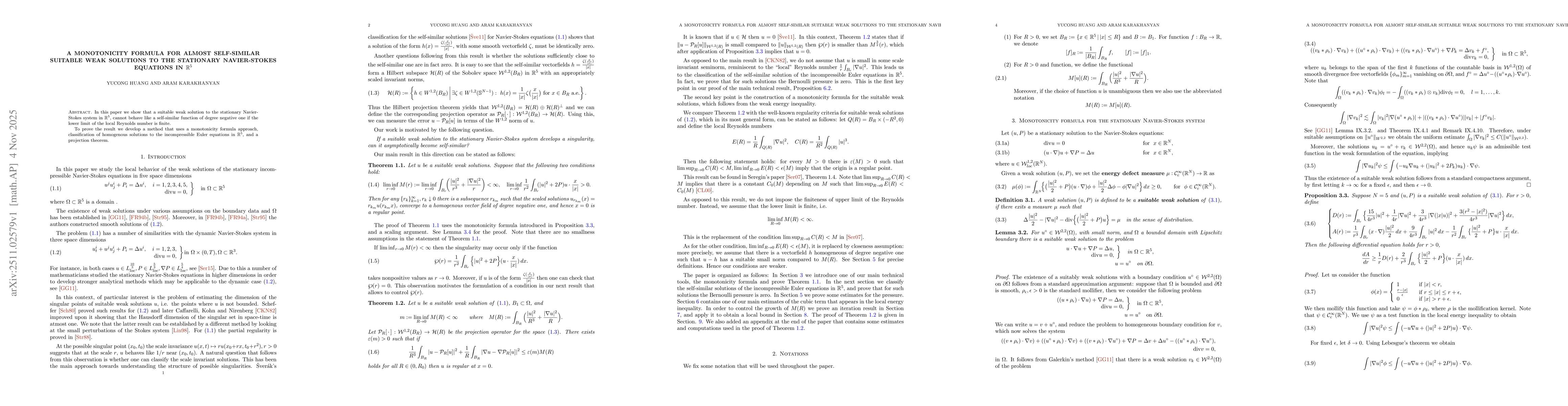 Thumbnail for A Monotonicity formula for almost self-similar suitable weak solutions to the stationary Navier-Stokes equations in $\mathbb R^5$