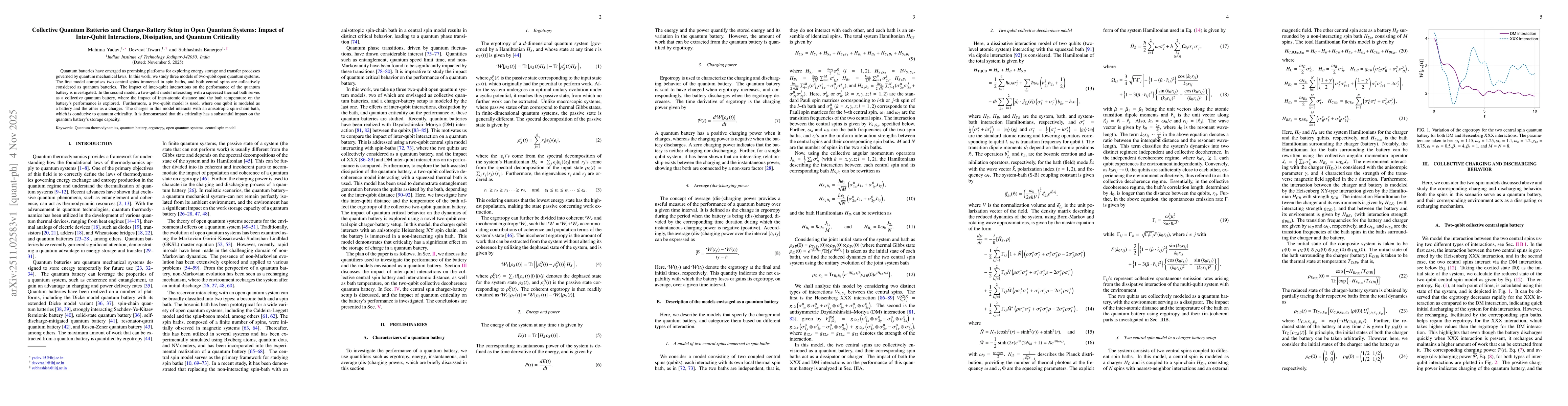 Thumbnail for Collective Quantum Batteries and Charger-Battery Setup in Open Quantum Systems: Impact of Inter-Qubit Interactions, Dissipation, and Quantum Criticality