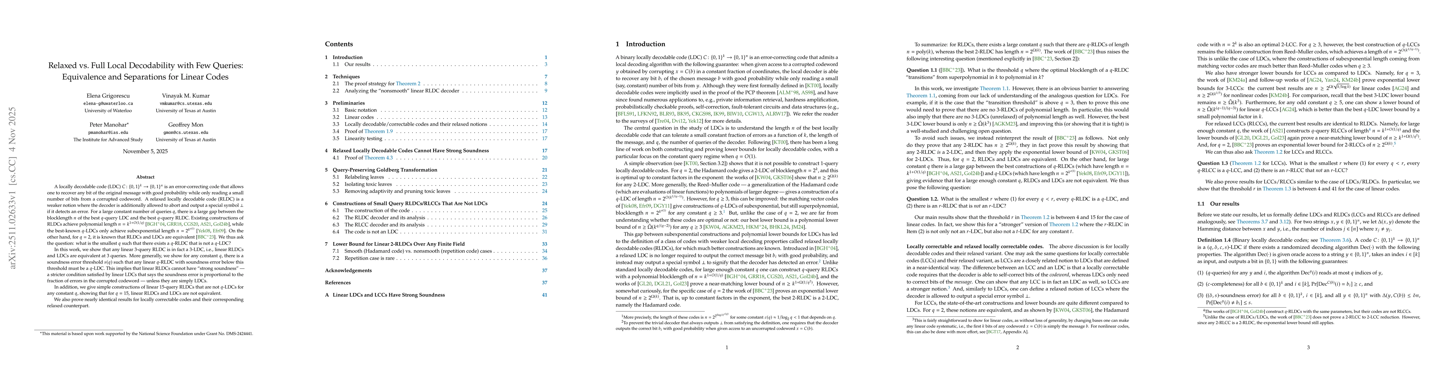 Thumbnail for Relaxed vs. Full Local Decodability with Few Queries: Equivalence and Separations for Linear Codes