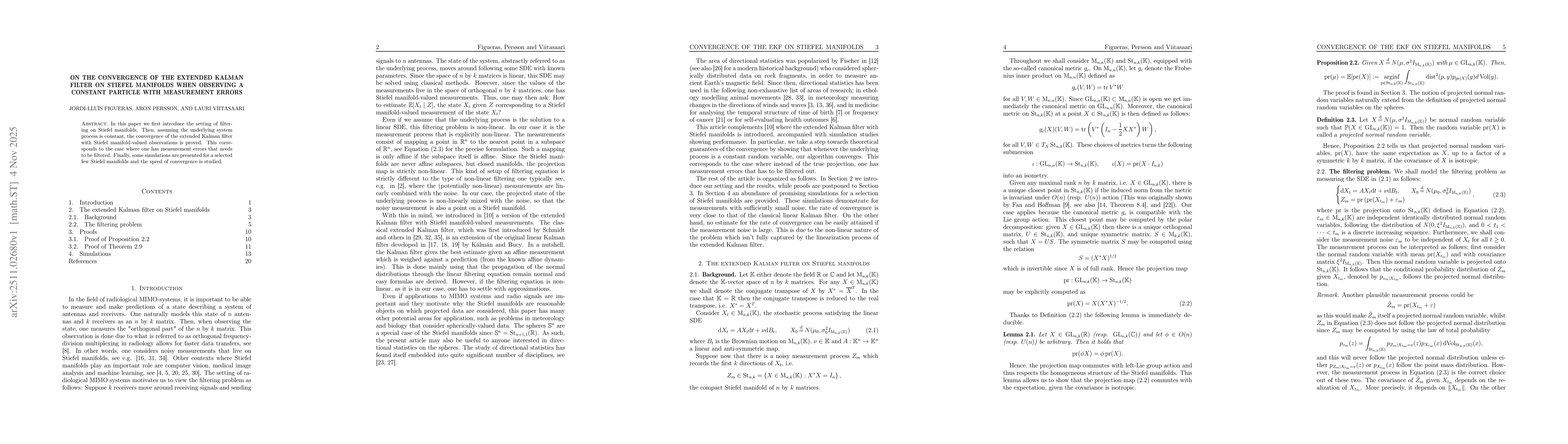 Thumbnail for On the Convergence of the Extended Kalman Filter on Stiefel Manifolds when Observing a Constant Particle with Measurement Errors