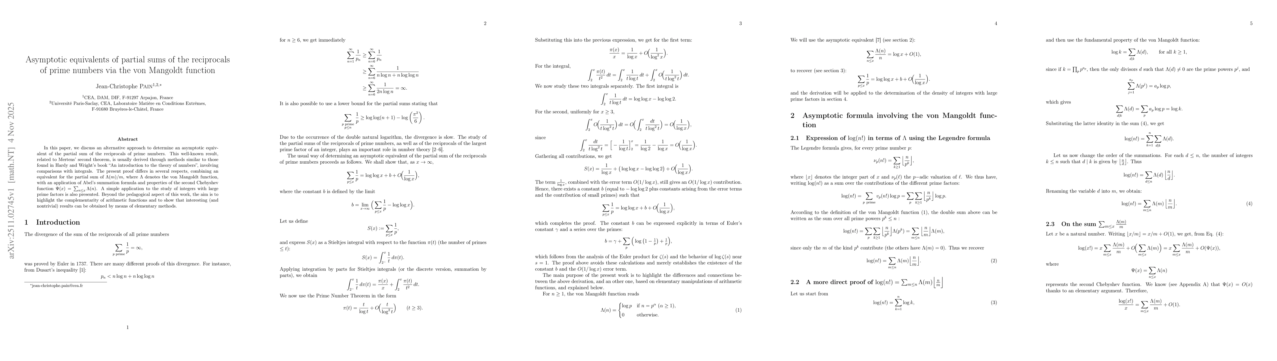 Thumbnail for Asymptotic equivalents of partial sums of the reciprocals of prime numbers via the von Mangoldt function