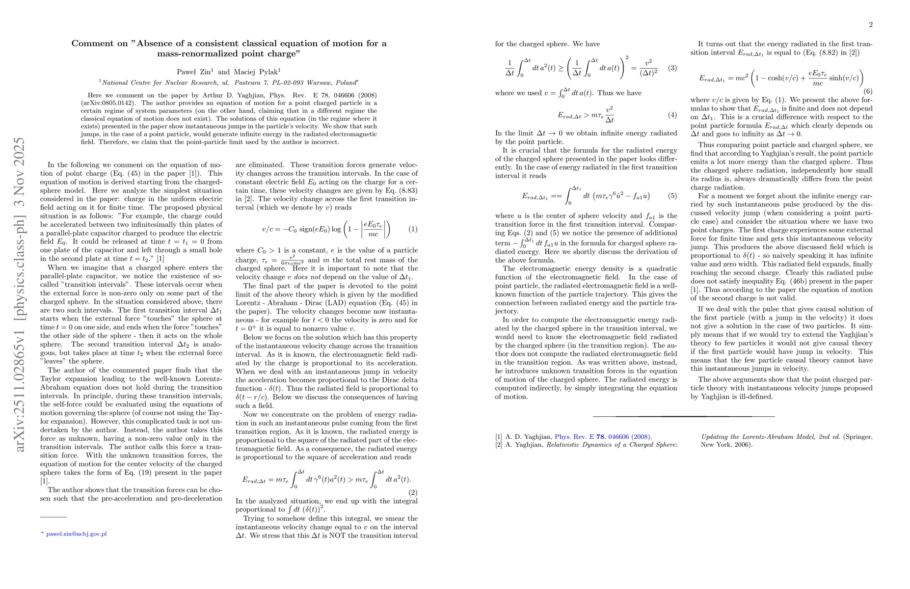 Thumbnail for Comment on "Absence of a consistent classical equation of motion for a mass-renormalized point charge"