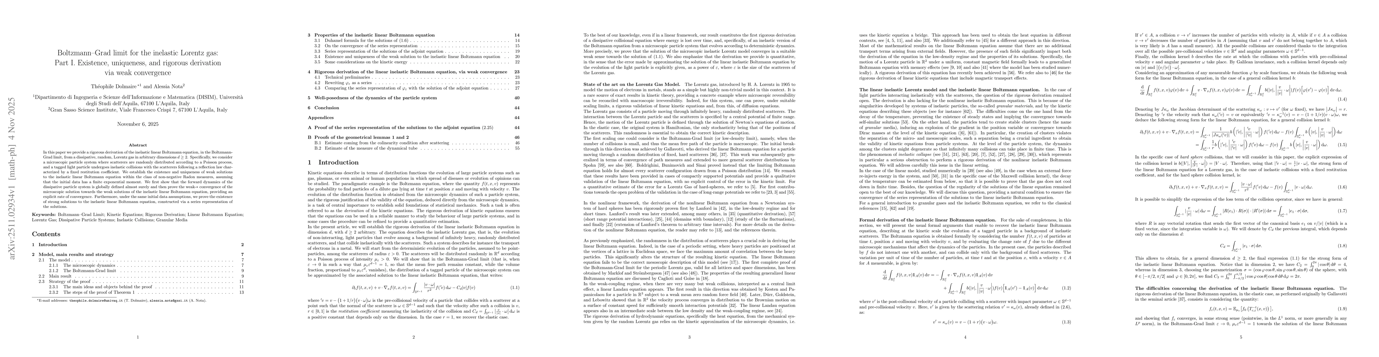 Thumbnail for Boltzmann-Grad limit for the inelastic Lorentz gas: Part I. Existence, uniqueness, and rigorous derivation via weak convergence