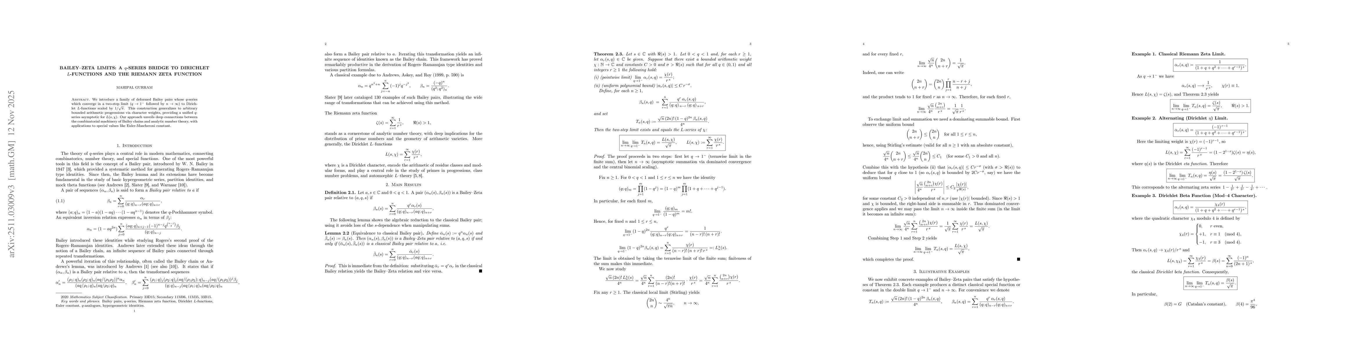 Thumbnail for Bailey-Zeta Limits: A $q$-Series Bridge to Dirichlet $L$-Functions and the Riemann Zeta Function