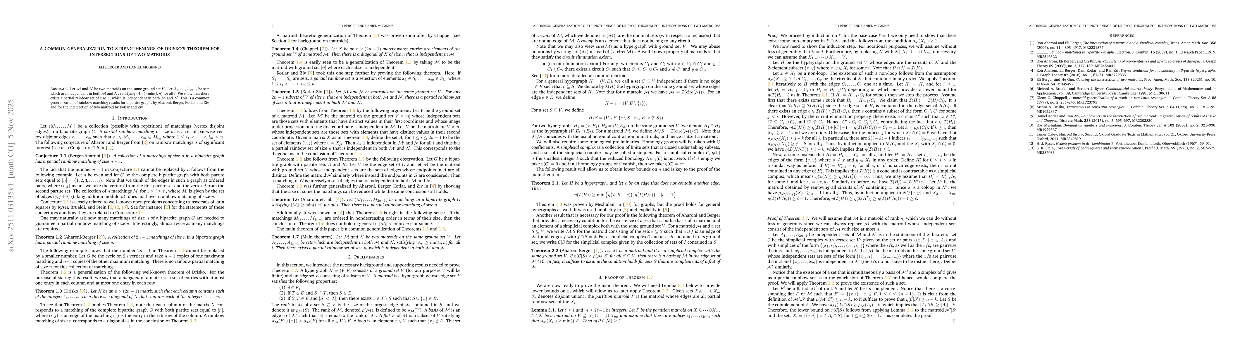Thumbnail for A common generalization to strengthenings of Drisko's Theorem for intersections of two matroids