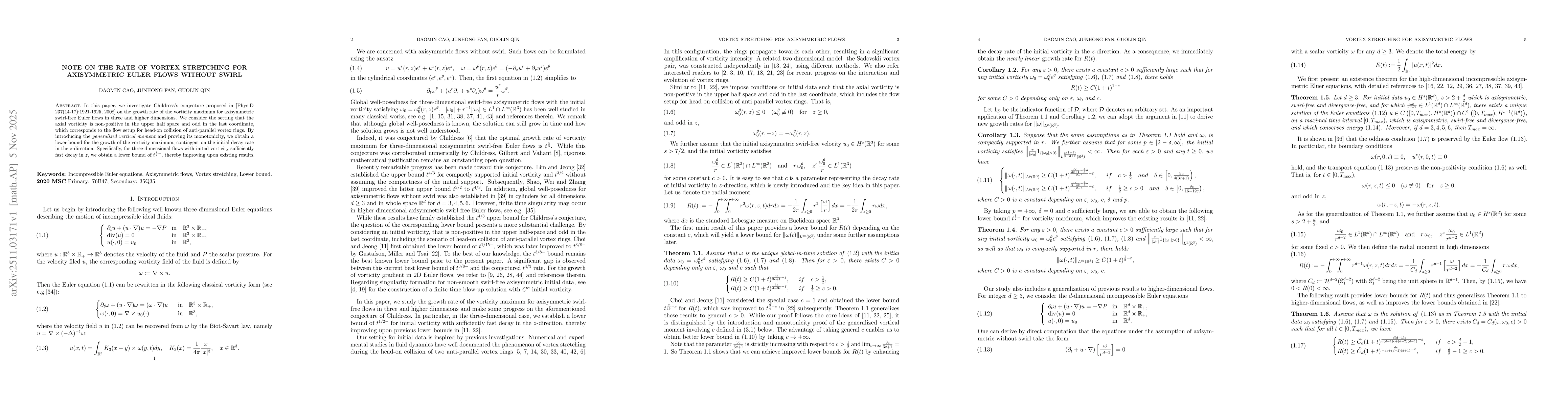 Thumbnail for Note on the Rate of Vortex Stretching for Axisymmetric Euler Flows Without Swirl