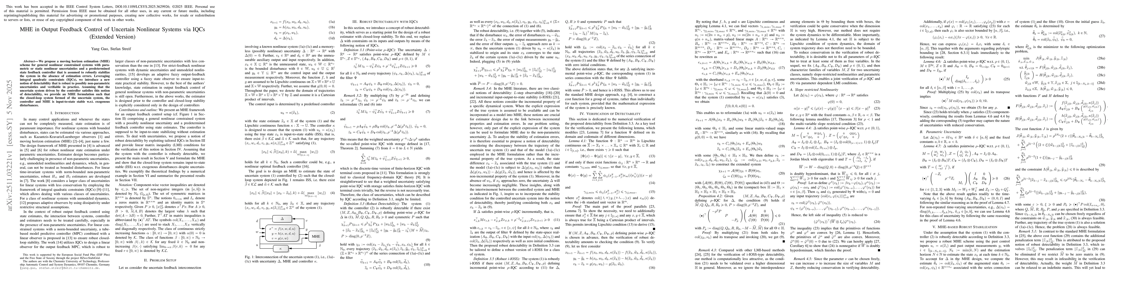 Thumbnail for MHE in Output Feedback Control of Uncertain Nonlinear Systems via IQCs