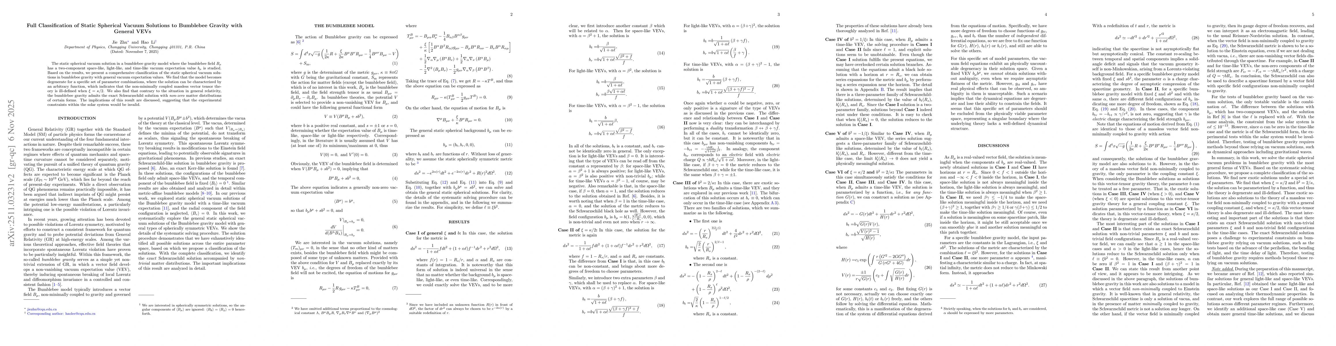 Thumbnail for Full Classification of Static Spherical Vacuum Solutions to Bumblebee Gravity with General VEVs