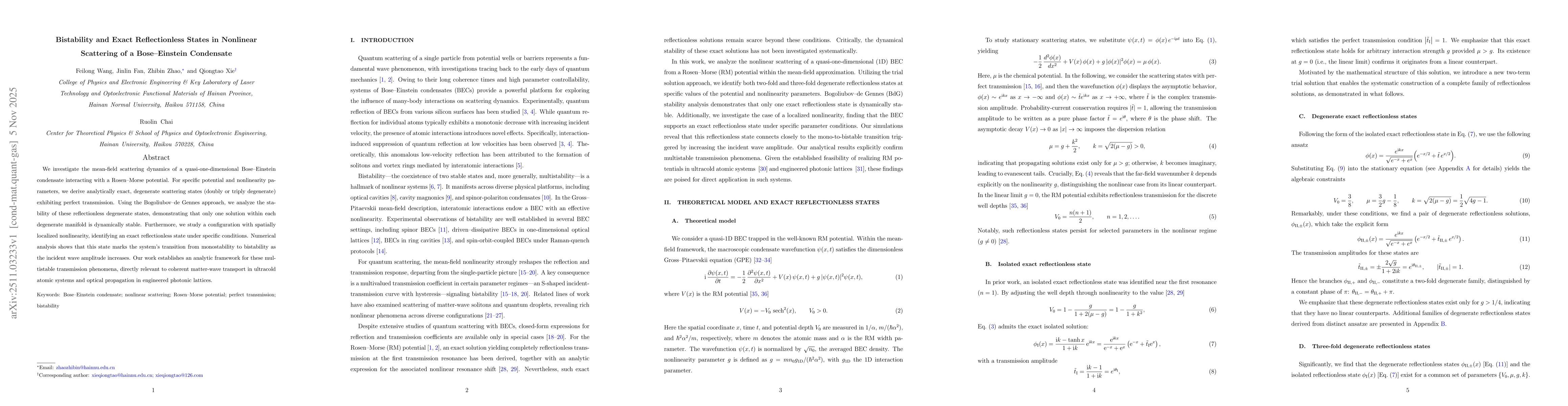 Thumbnail for Bistability and Exact Reflectionless States in Nonlinear Scattering of a Bose--Einstein Condensate